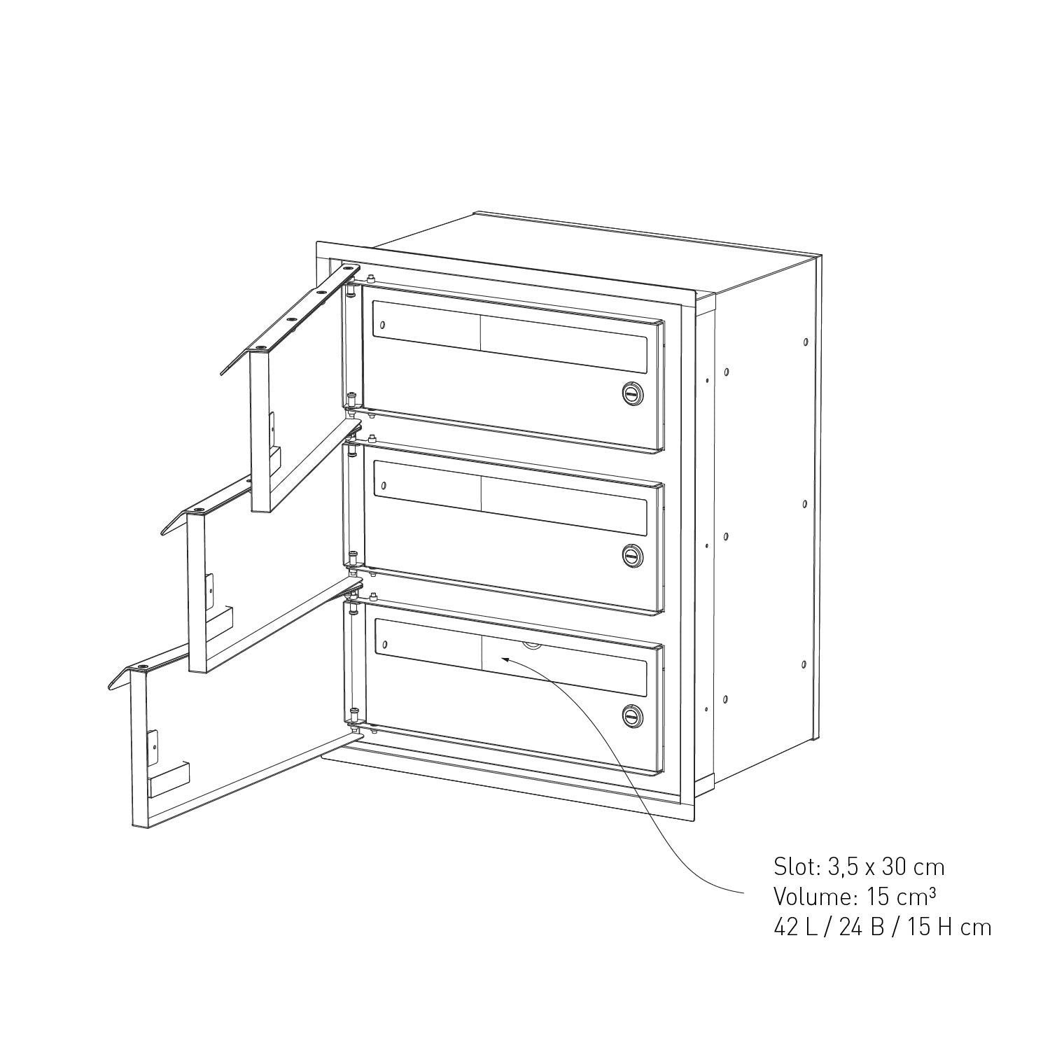 Built-in mailbox EINDHOVEN by Bravios for 3 units mail slot dimensions