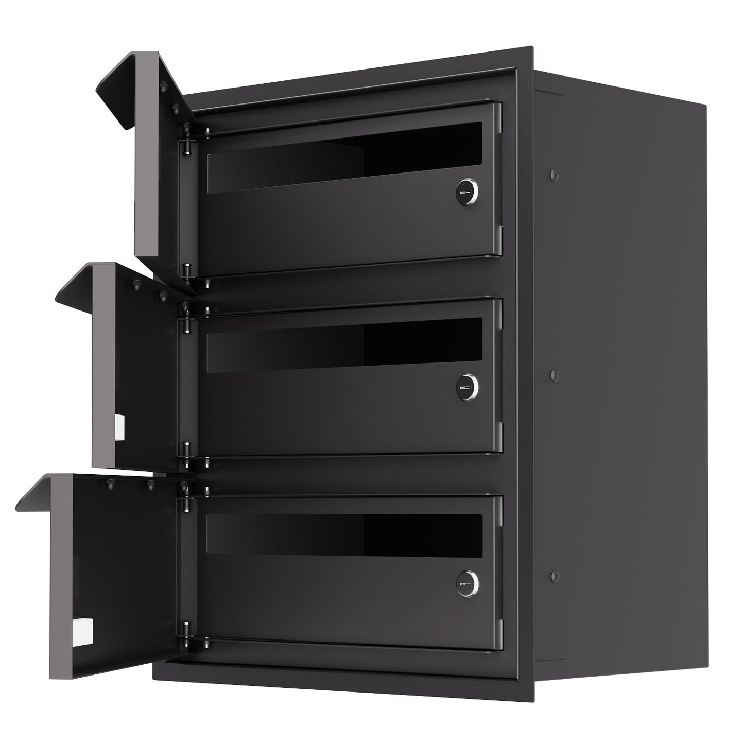 Built-in mailbox EINDHOVEN by Bravios for 3 units in profile view with doors open