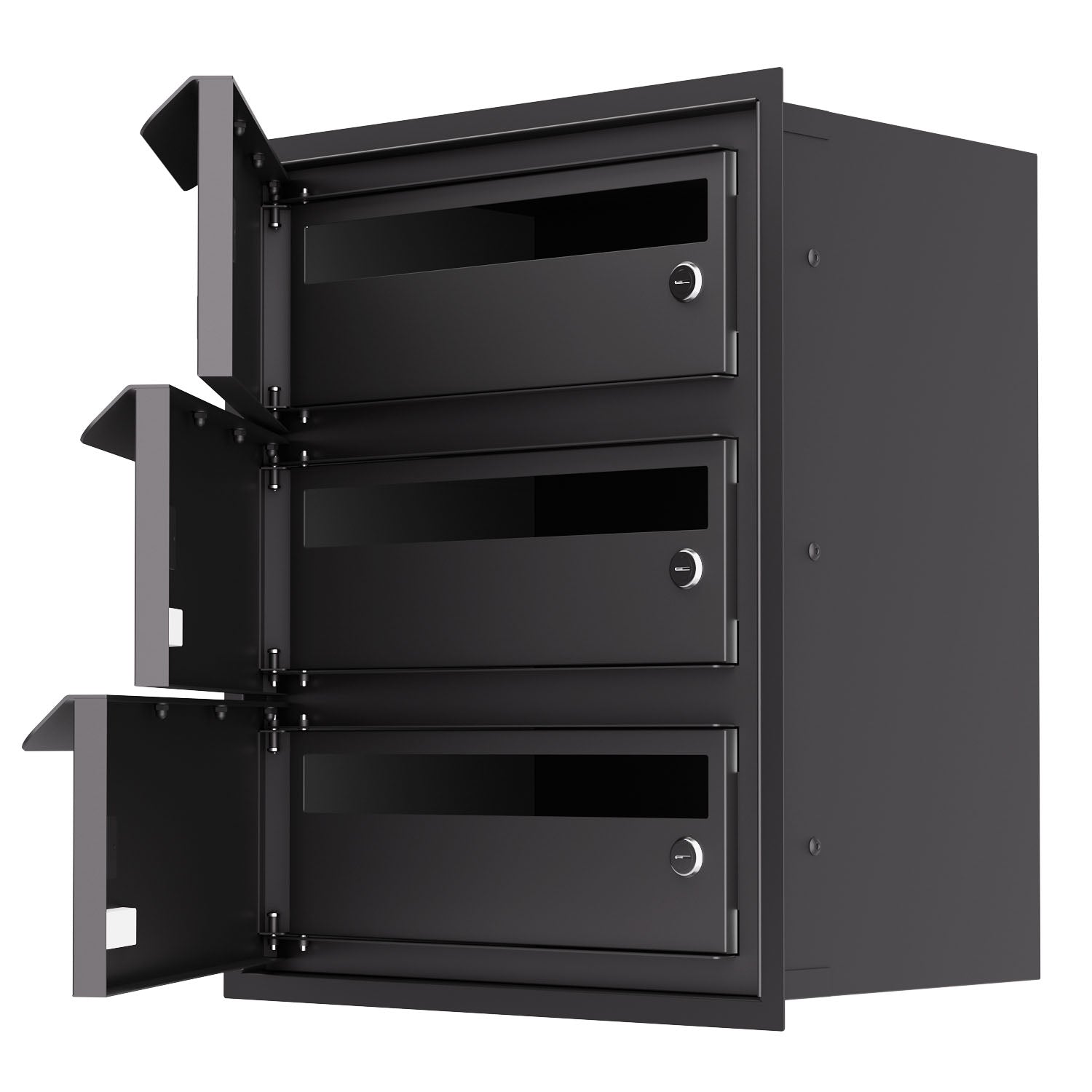 Built-in mailbox EINDHOVEN by Bravios for 3 units in profile view with doors open