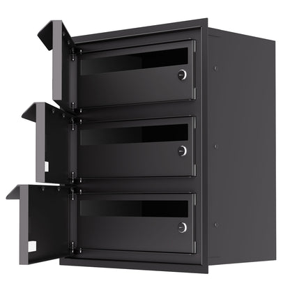 Built-in mailbox EINDHOVEN by Bravios for 3 units in profile view with doors open