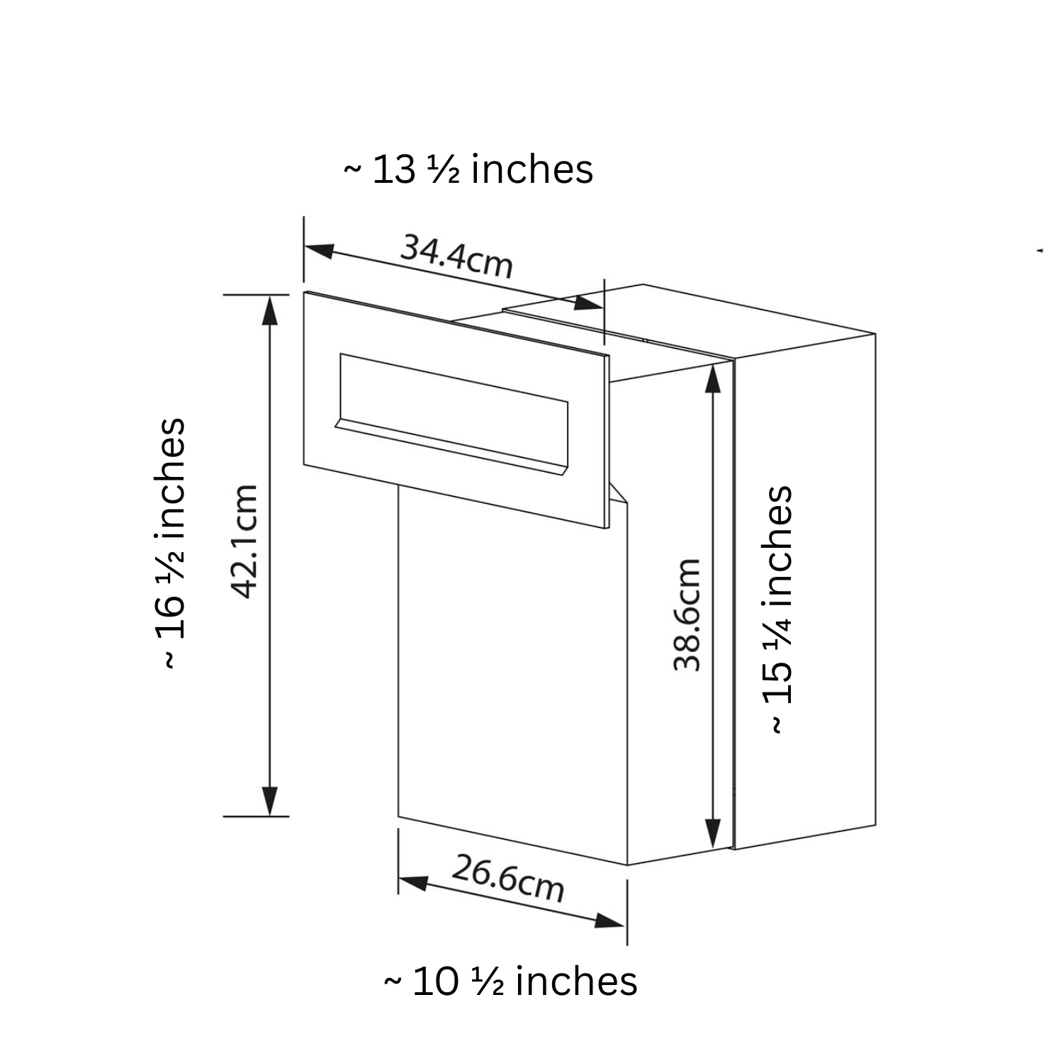 Built-in mailbox dimensions illustration showing height, width, and depth for SUPER NOVA by Bravios.