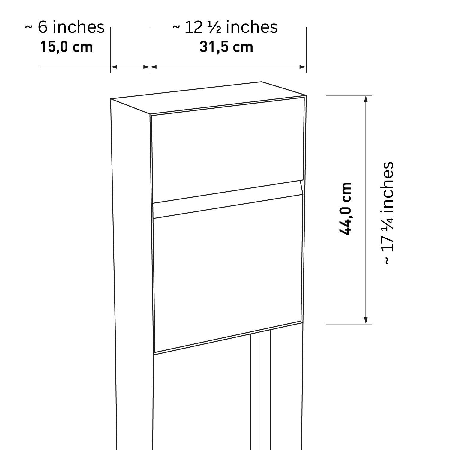 Dimensions of standalone mailbox - STAND LEON by Bravios in white, showcasing height, width, and depth.