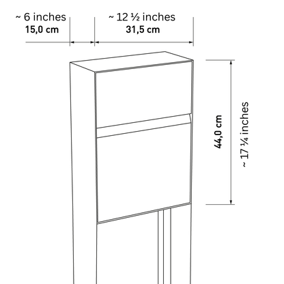 Dimensions of standalone mailbox - STAND LEON by Bravios in white, showcasing height, width, and depth.