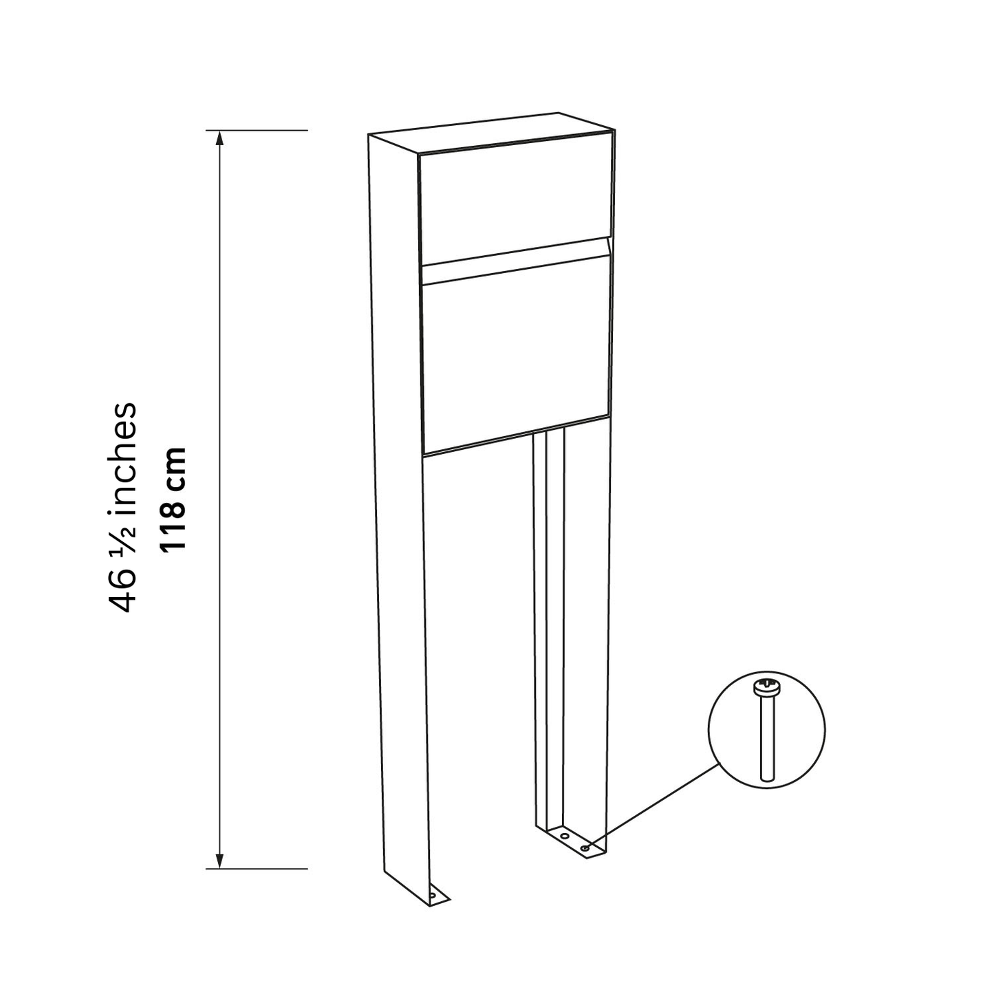 Standalone mailbox dimensions and design illustration of STAND LEON by Bravios in white.