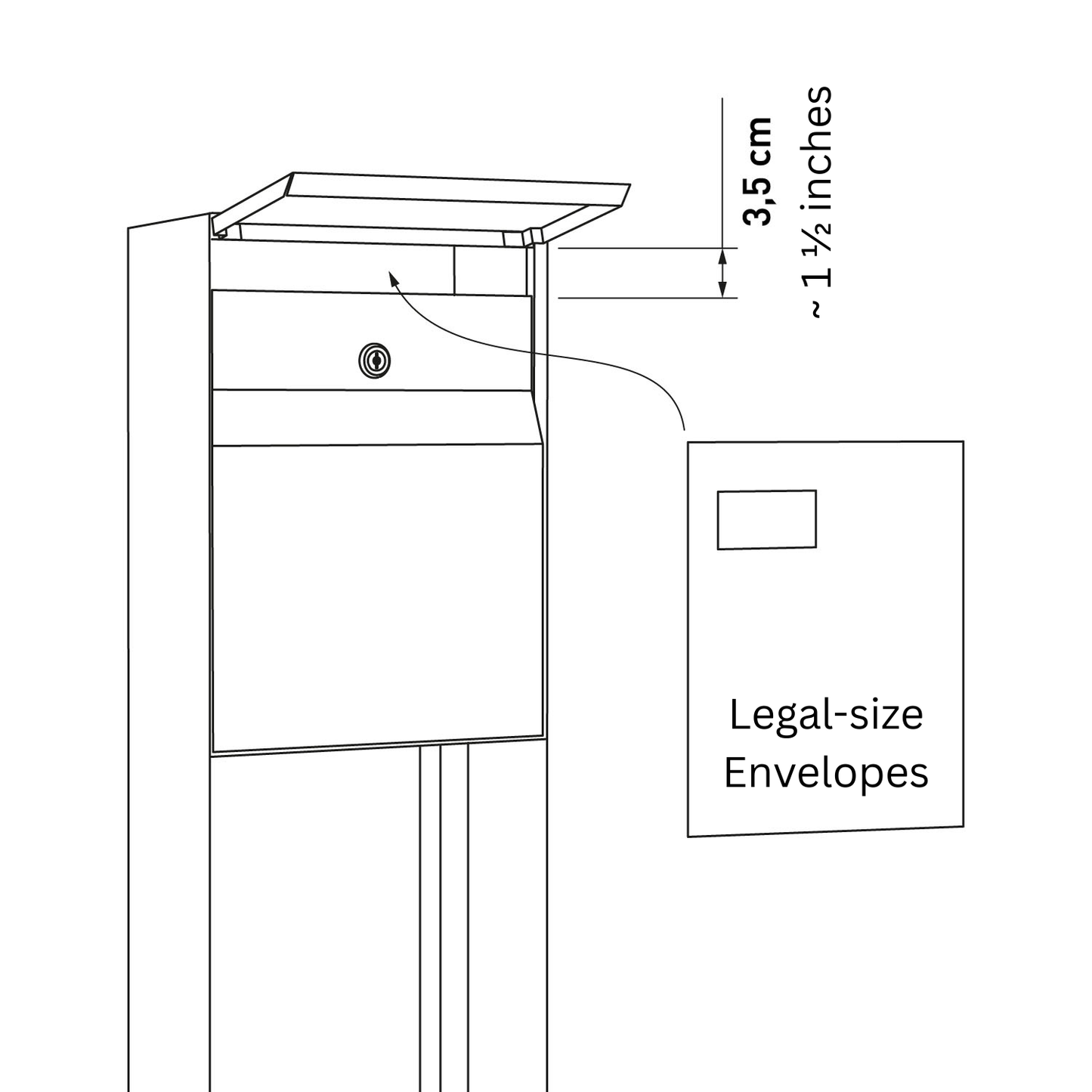 Standalone mailbox - STAND LEON by Bravios design illustration showing dimensions for legal-size envelopes.