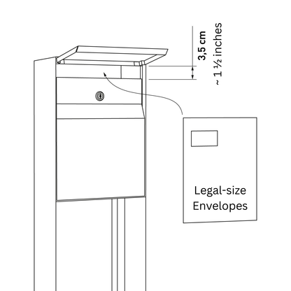 Standalone mailbox - STAND LEON by Bravios design illustration showing dimensions for legal-size envelopes.