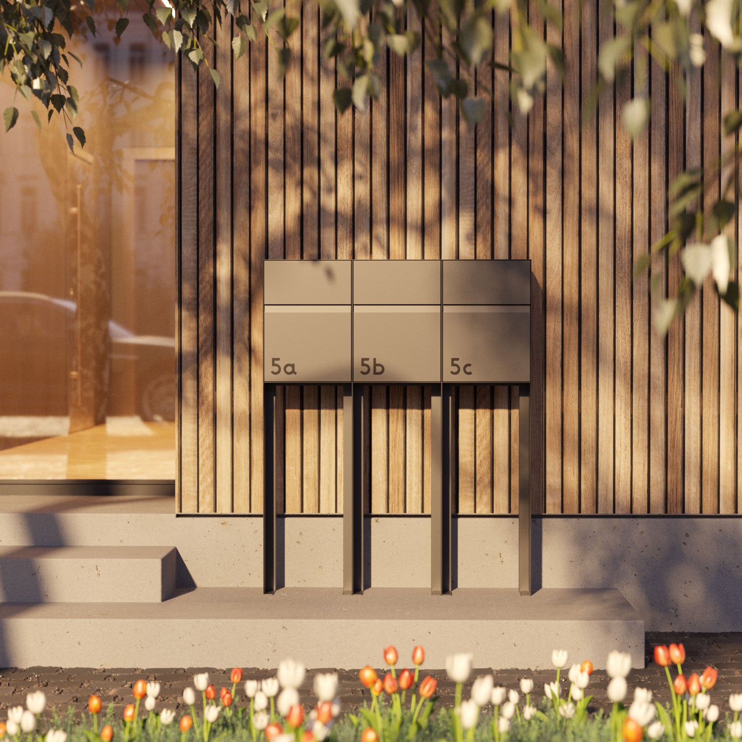 Standalone mailbox - STAND LEON by Bravios in white, modern design with three compartments displayed.