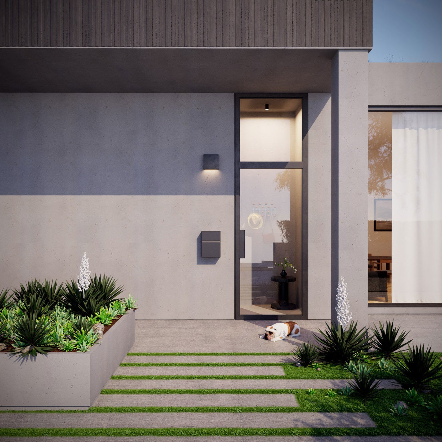 Wall-mounted mailbox - LEON by Bravios in Black mounted on a modern home entrance with a landscaped front yard.