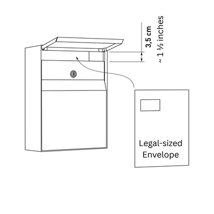 Wall-mounted mailbox - LEON by Bravios shown with dimensions and capacity for legal-sized envelope.