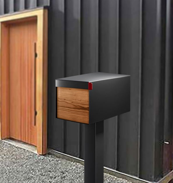 Town Square by Bravios - Large Capacity Mailbox with Post - Black with Barrique Oak Wood Panel