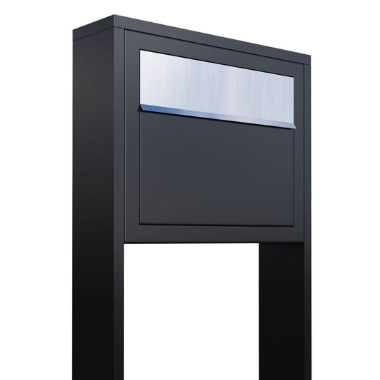 STAND ELEGANCE by Bravios - Modern post-mounted black mailbox with stainless steel flap