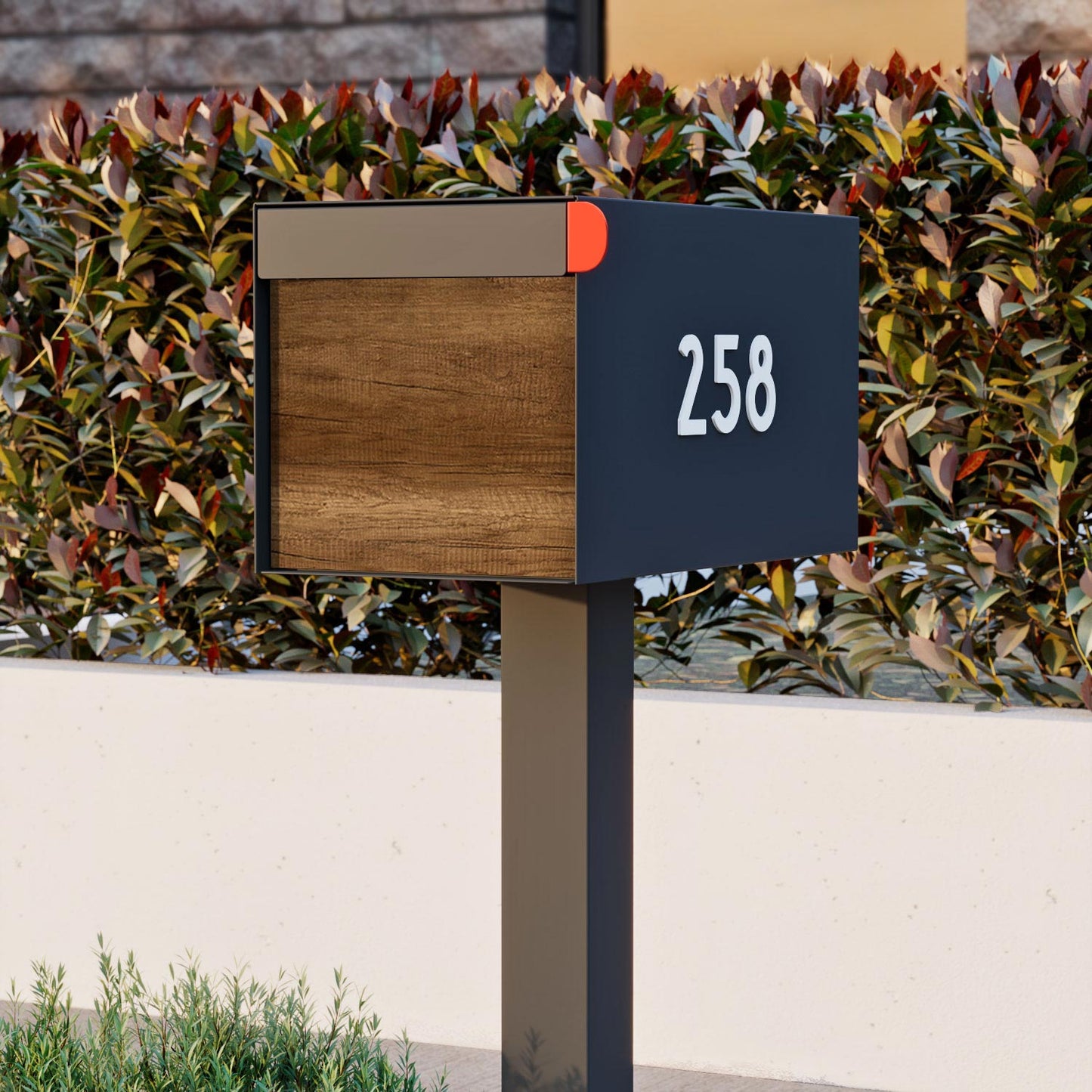 Town Square by Bravios - Large Capacity Mailbox with Post - Anthracite with Barrique Oak Wood Panel