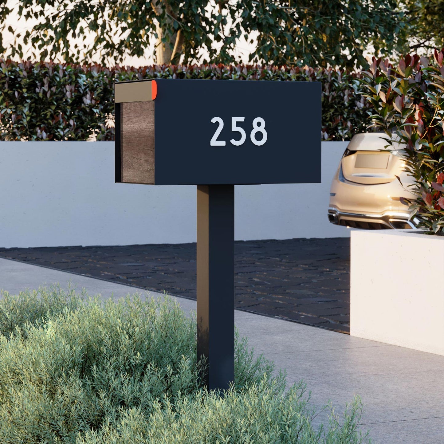 Town Square by Bravios - Large Capacity Mailbox with Post - Anthracite with Marshland Oak Wood Panel