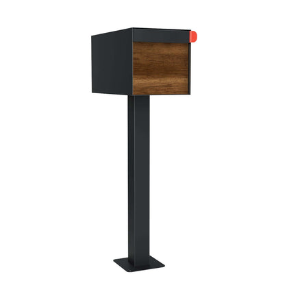 Town Square by Bravios - Large Capacity Mailbox with Post - Black with Barrique Oak Wood Panel