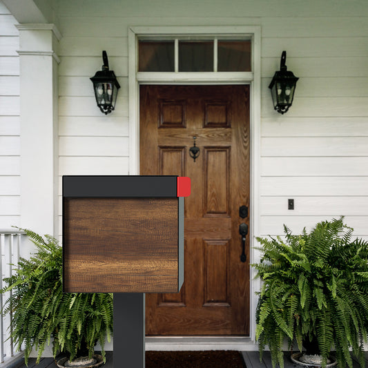 Town Square by Bravios - Large Capacity Mailbox with Post - Black with Barrique Oak Wood Panel