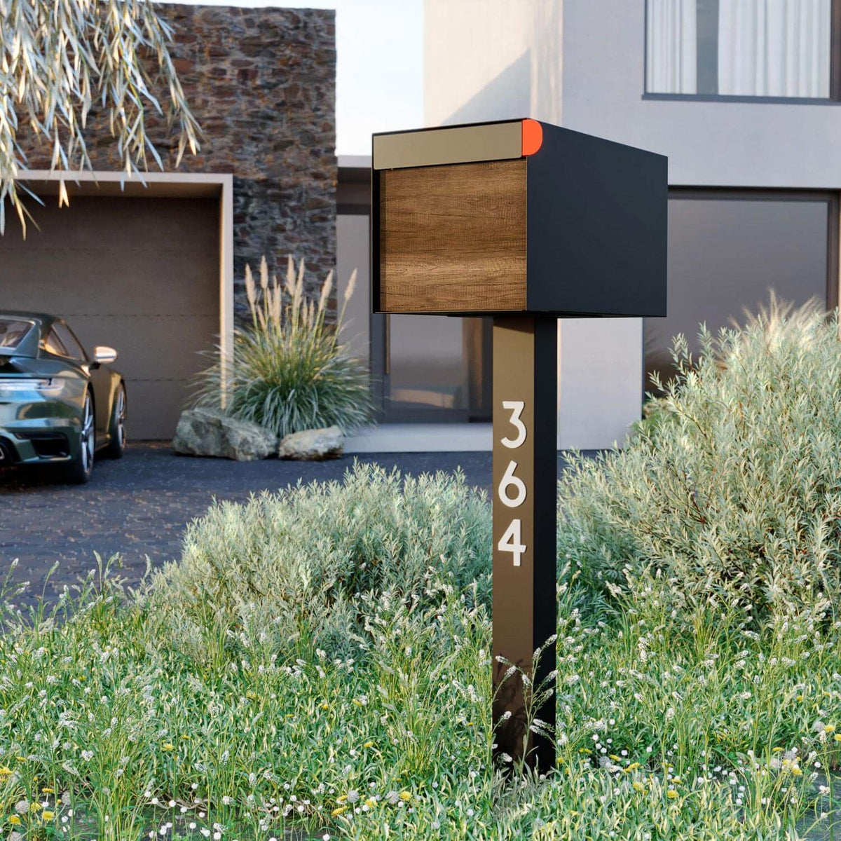 Town Square Mailbox & Post | Black with Oak Wood Panel