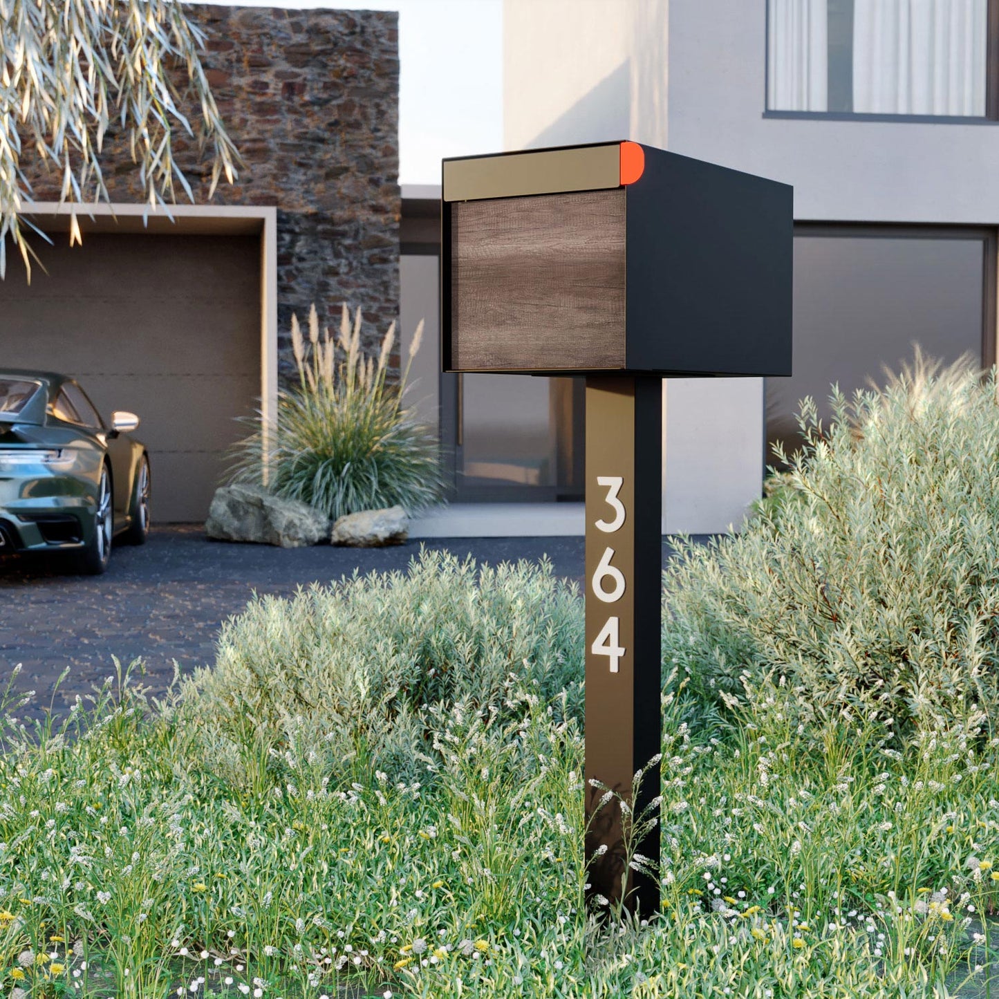 Town Square Mailbox by Bravios - Large Capacity Mailbox (Without Post) - Black with Marshland Oak Wood Panel