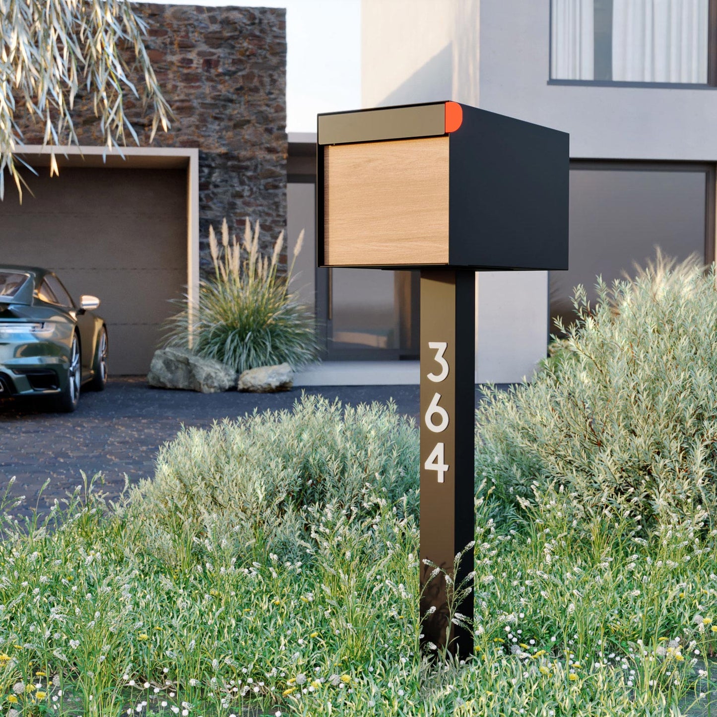 Town Square Mailbox by Bravios - Large Capacity Mailbox (Without Post) - Black with Voyager Wood Panel