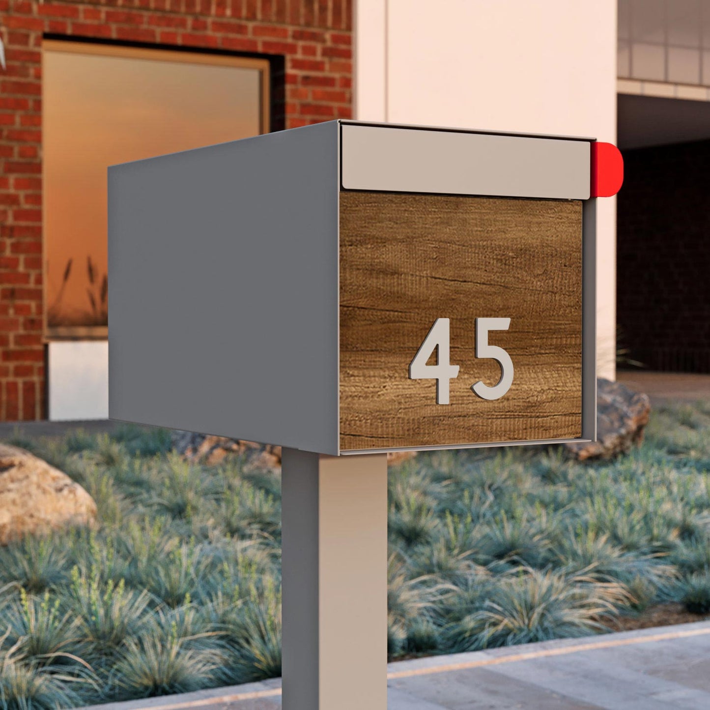 Town Square by Bravios - Large Capacity Mailbox with Post - Gray with Barrique Oak Wood Panel