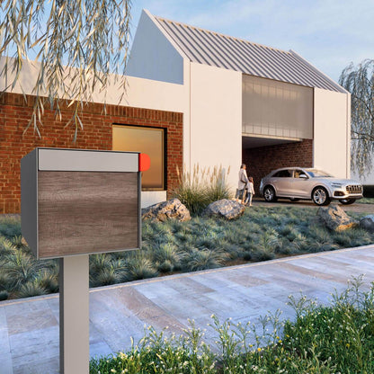 Town Square by Bravios - Large Capacity Mailbox with Post - Gray with Marshland Oak Wood Panel