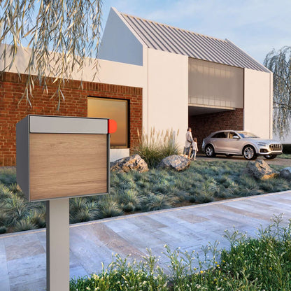 Town Square by Bravios - Large Capacity Mailbox with Post - Gray with Voyager Wood Panel