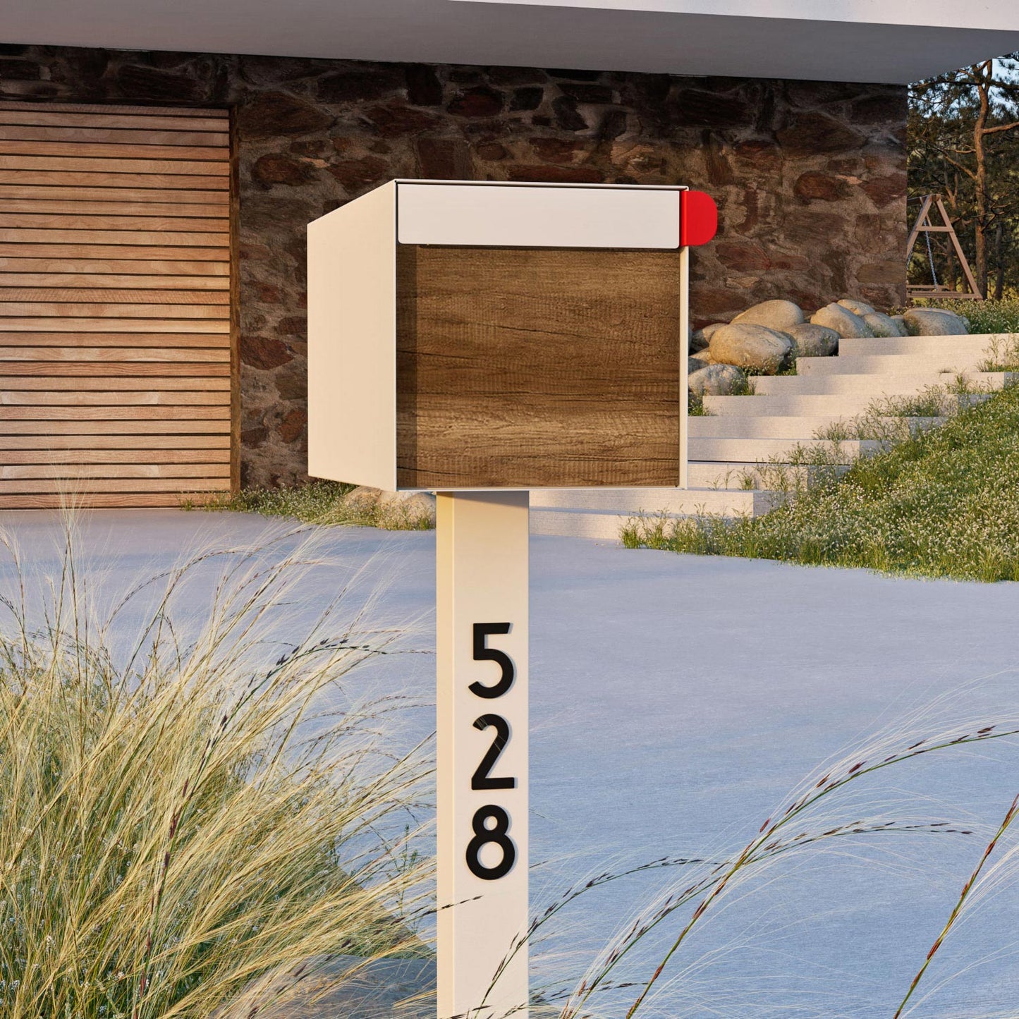 Town Square by Bravios - Large Capacity Mailbox with Post - White with Barrique Oak Wood Panel