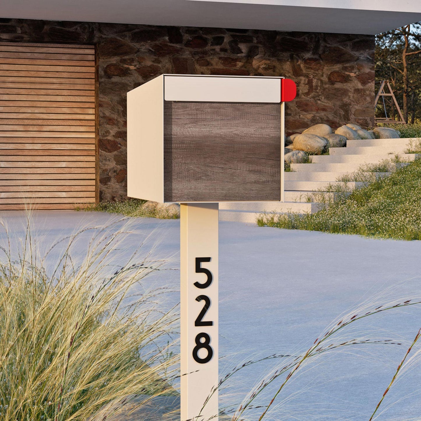 Town Square by Bravios - Large Capacity Mailbox with Post - White with Marshland Oak Wood Panel