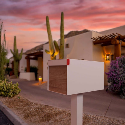 Town Square by Bravios - Large Capacity Mailbox with Post - White with Voyager Wood Panel