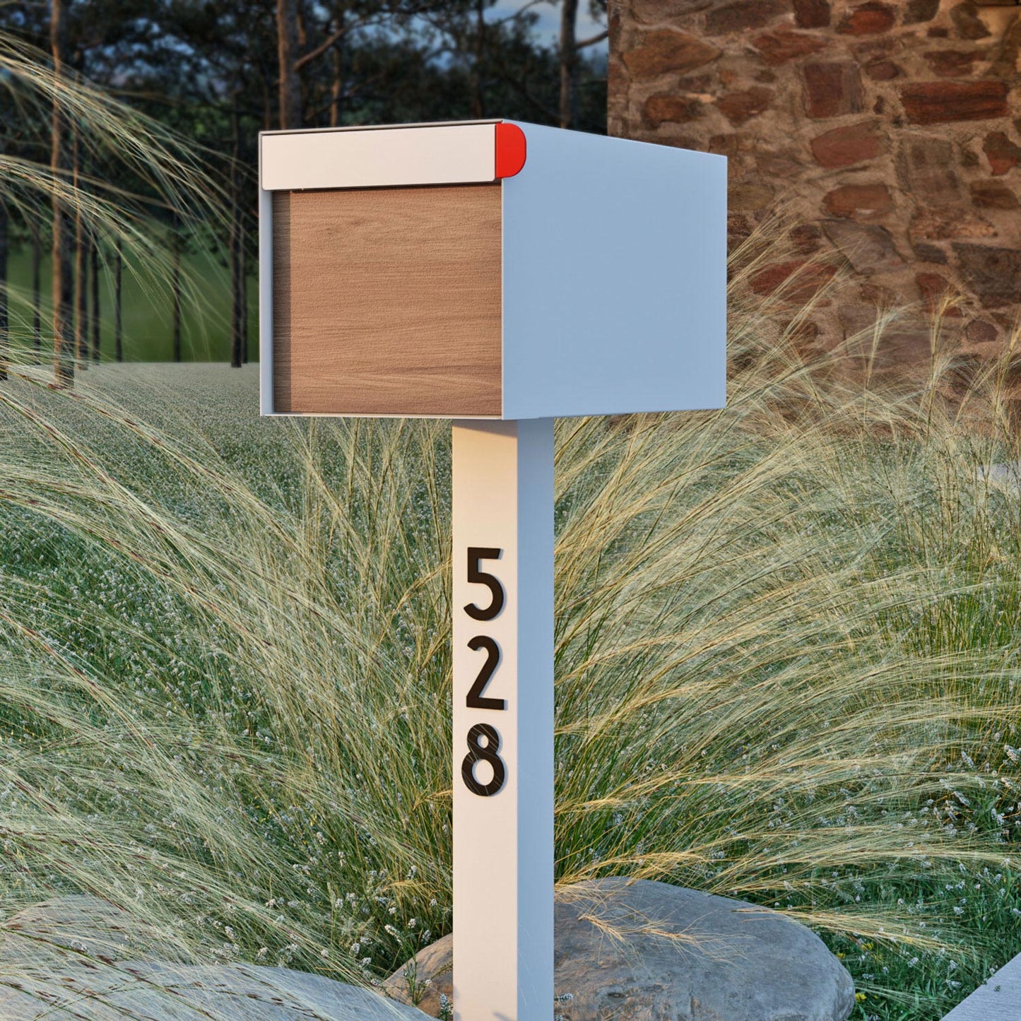 Town Square Mailbox by Bravios - Large Capacity Mailbox (Without Post) - White with Voyager Wood Panel